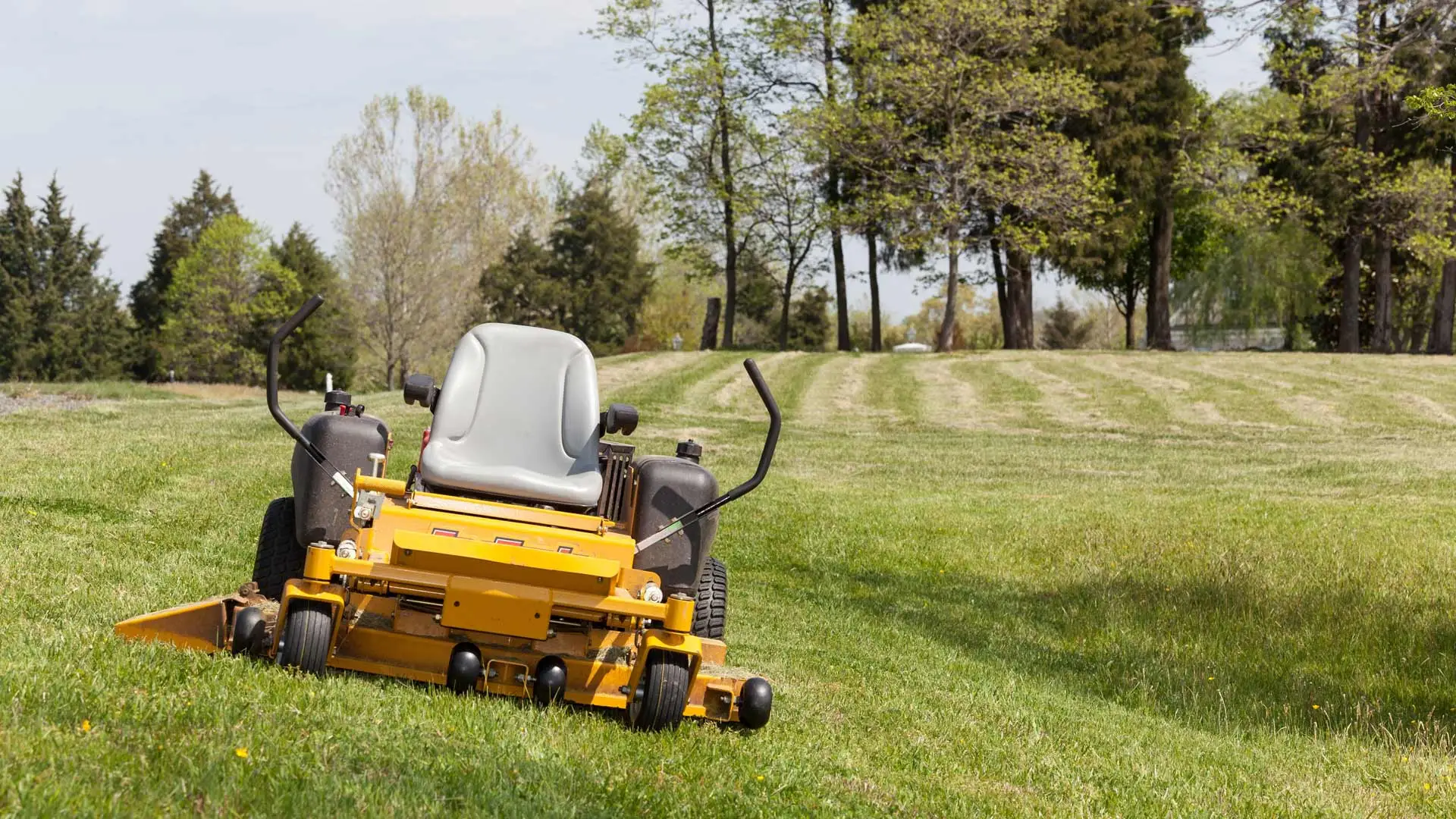 Yellow mower sitting in a lawn in Mesilla, NM.