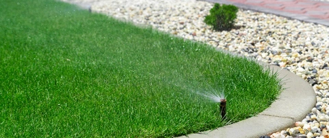 Sprinkler head in a lawn beside rock landscape bed near El Paso, TX.